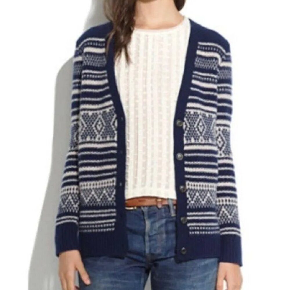 MADEWELL Stitchstripe Wool Cardigan Sweater Blue Small